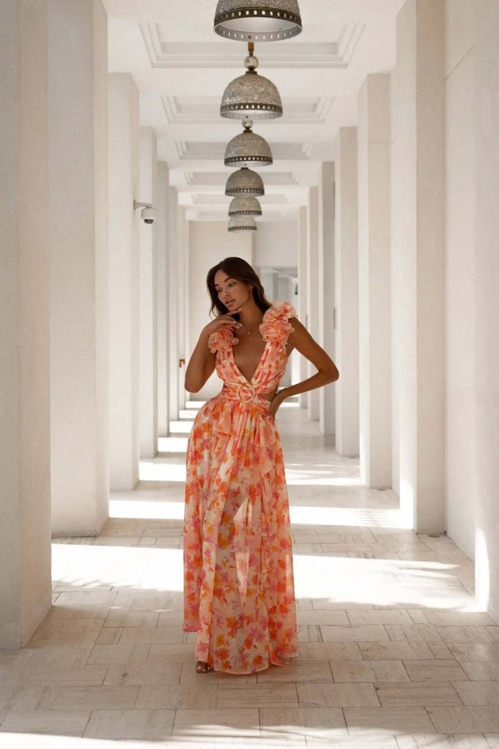 Boho-chic floral ruffle maxi dress with a slit and belt – Hali