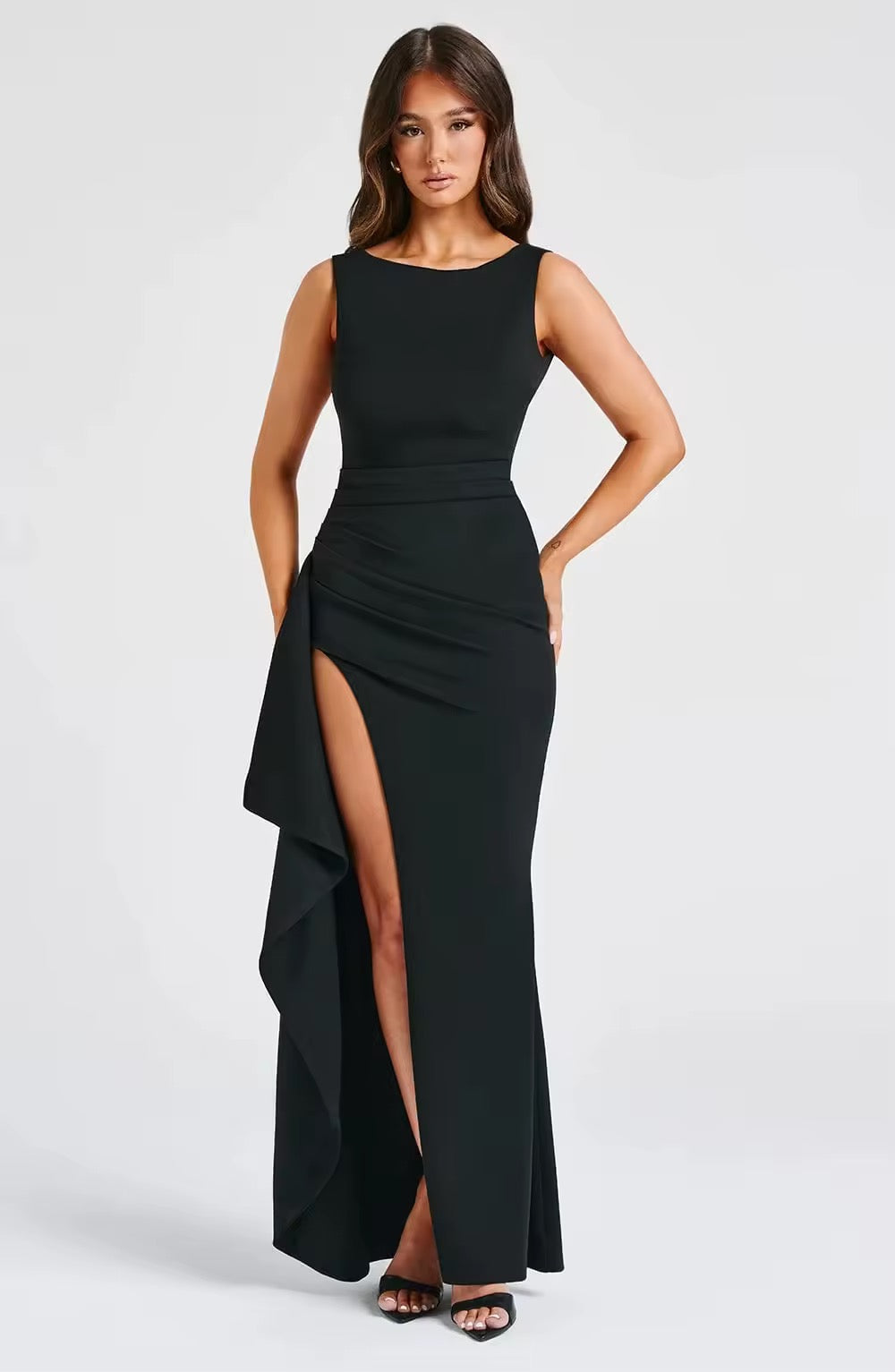 שמלת מקסי אלגנטית גב פתוח בעיטור שסע - אנה לי