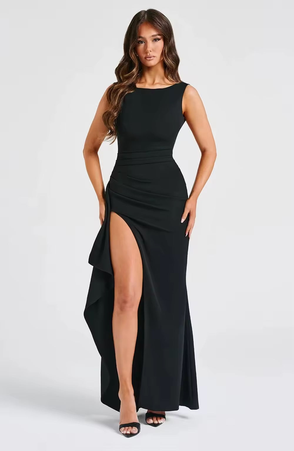 שמלת מקסי אלגנטית גב פתוח בעיטור שסע - אנה לי