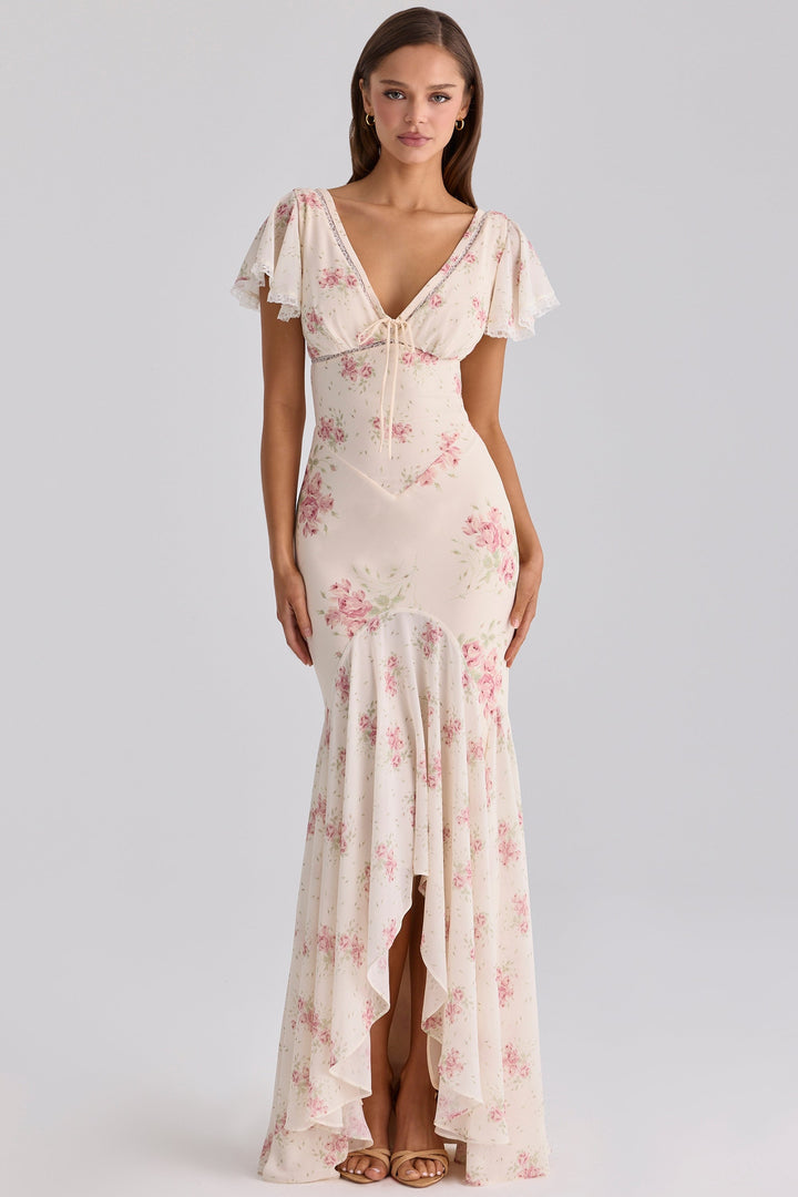 Floral satin maxi dress with lace trim - FLORIE