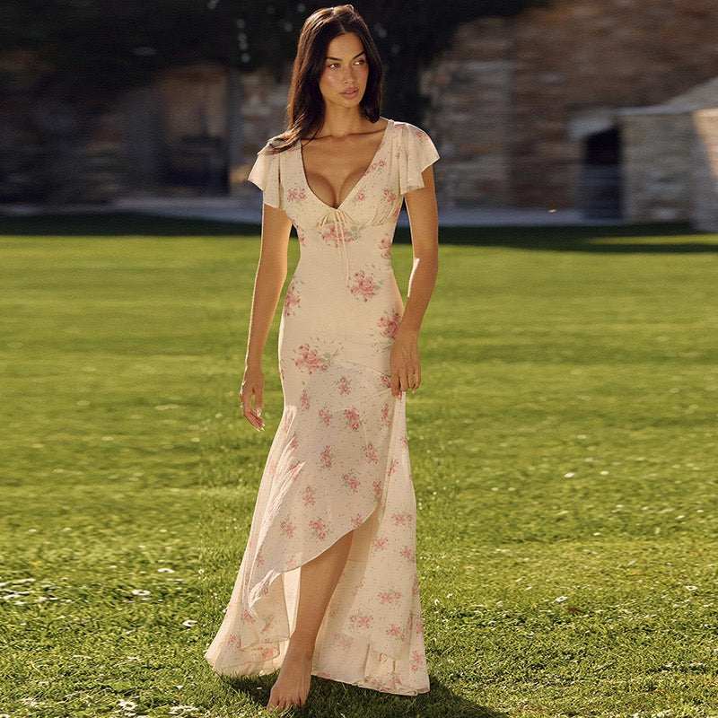 Floral satin maxi dress with lace trim - FLORIE