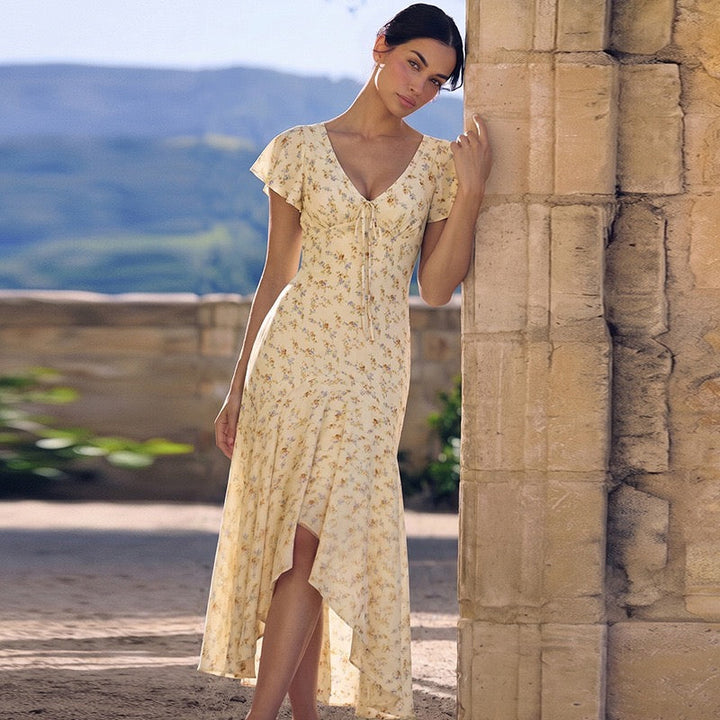 Floral satin maxi dress with lace trim - FLORIE