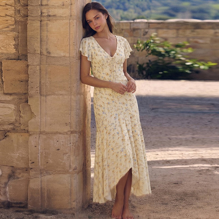 Floral satin maxi dress with lace trim - FLORIE
