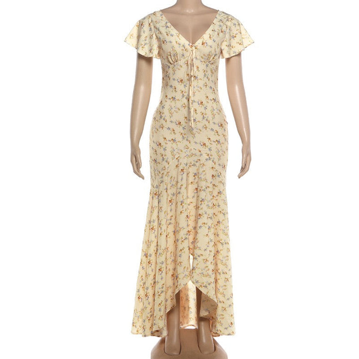 Floral satin maxi dress with lace trim - FLORIE