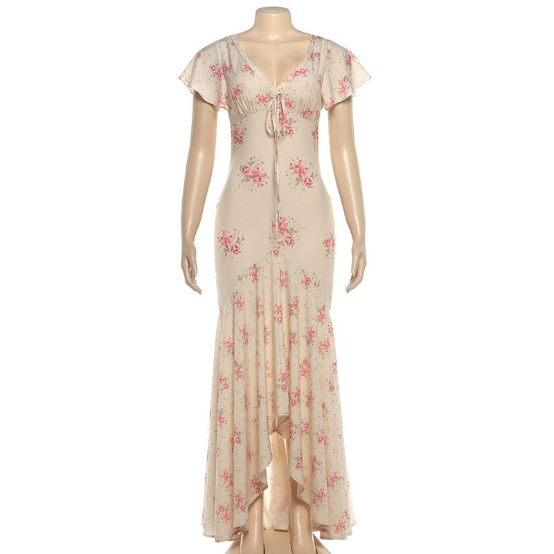 Floral satin maxi dress with lace trim - FLORIE