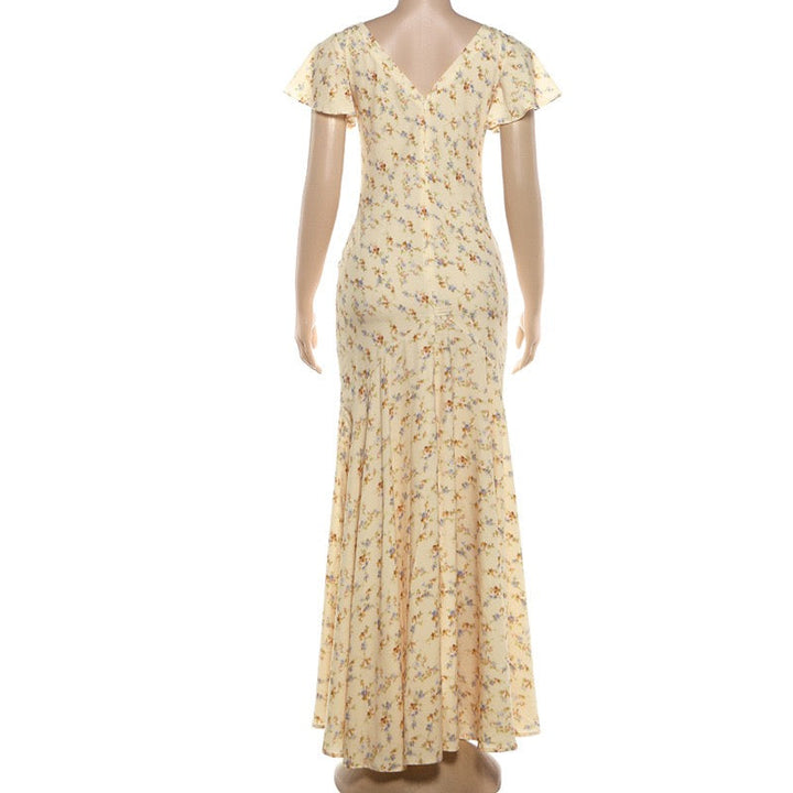 Floral satin maxi dress with lace trim - FLORIE