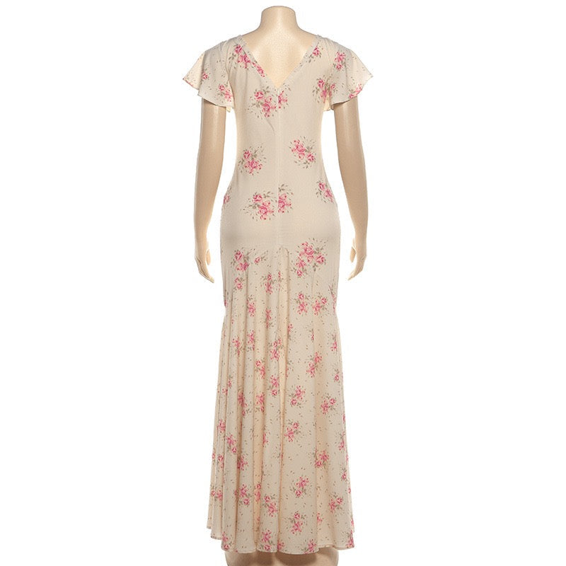 Floral satin maxi dress with lace trim - FLORIE