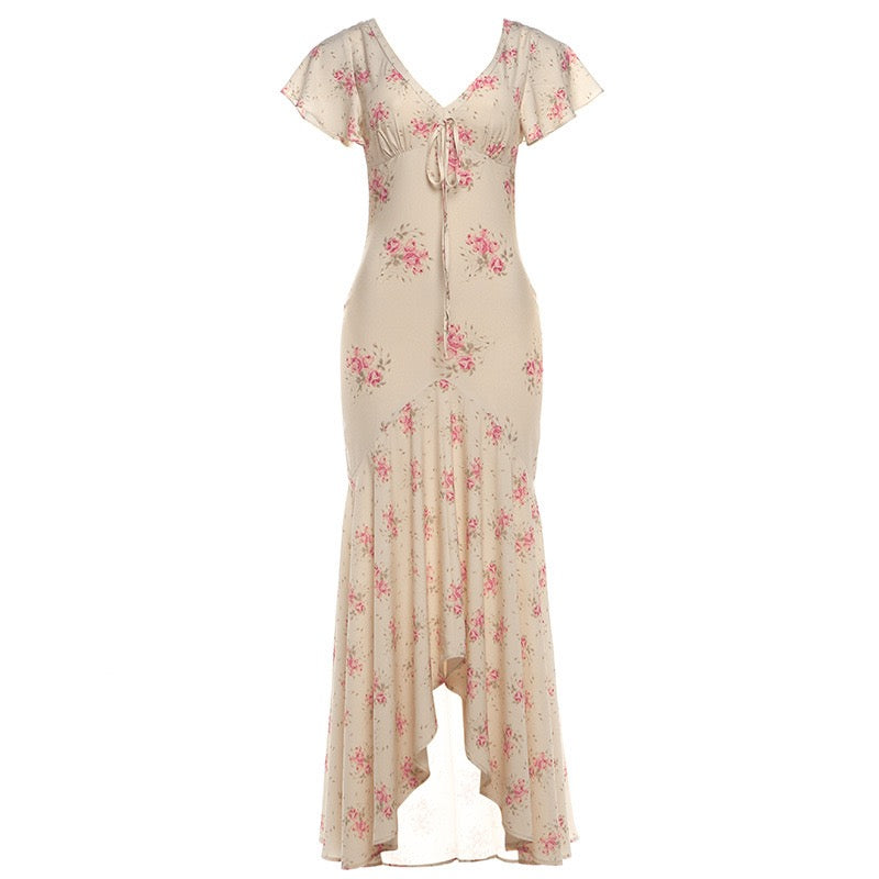Floral satin maxi dress with lace trim - FLORIE