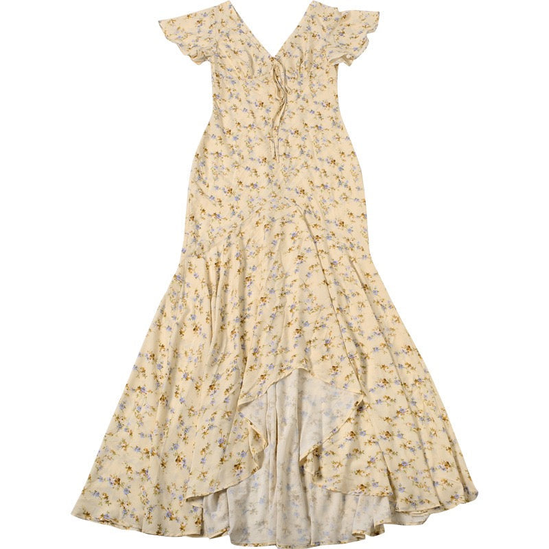 Floral satin maxi dress with lace trim - FLORIE
