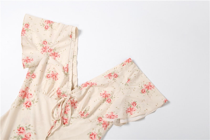 Floral satin maxi dress with lace trim - FLORIE