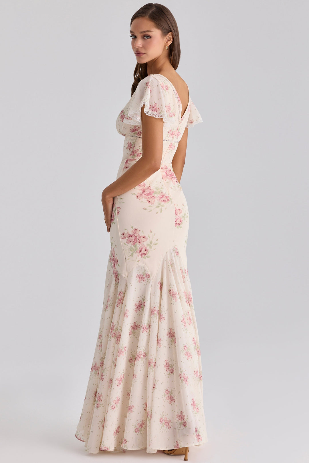 Floral satin maxi dress with lace trim - FLORIE