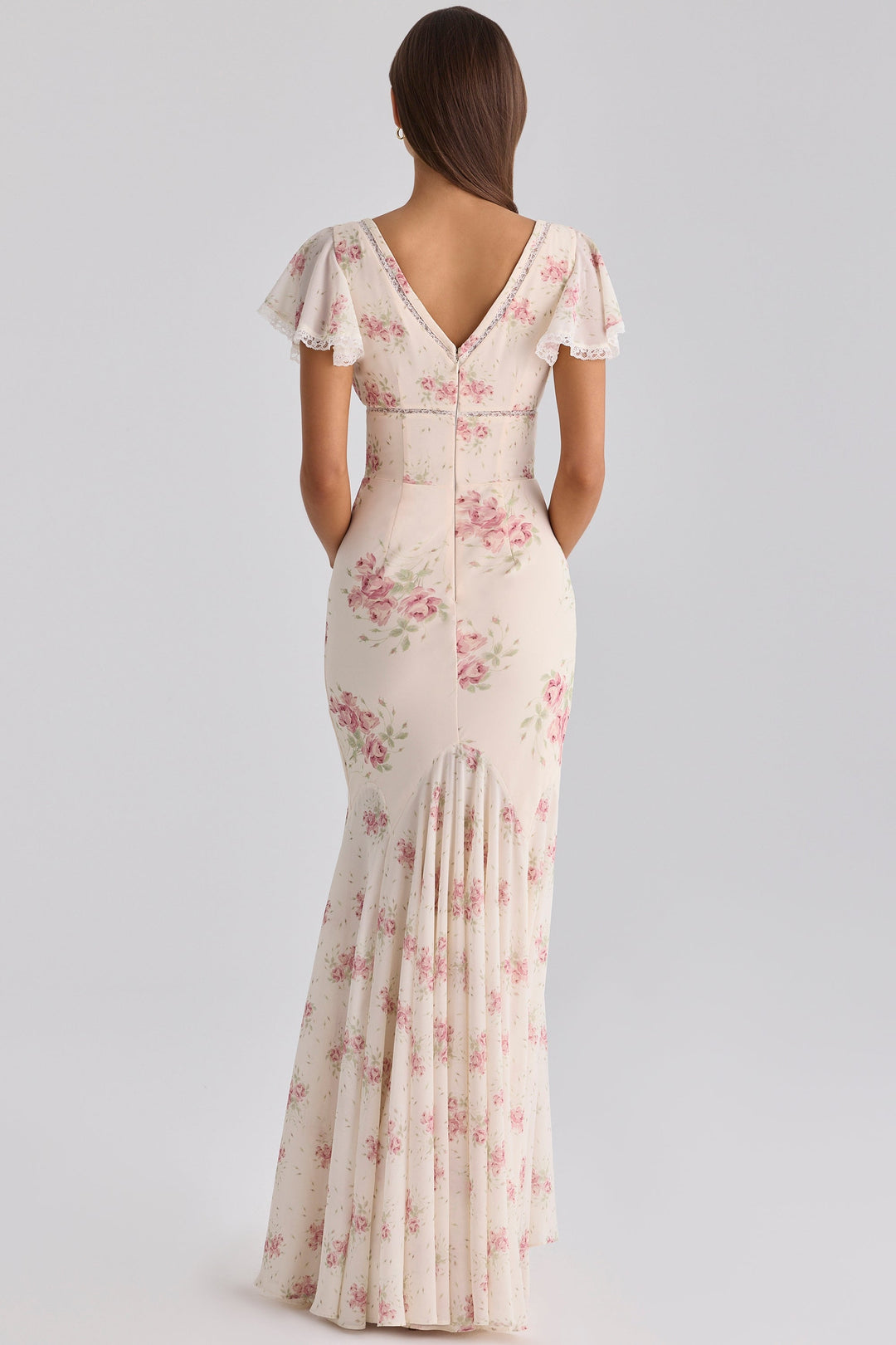 Floral satin maxi dress with lace trim - FLORIE