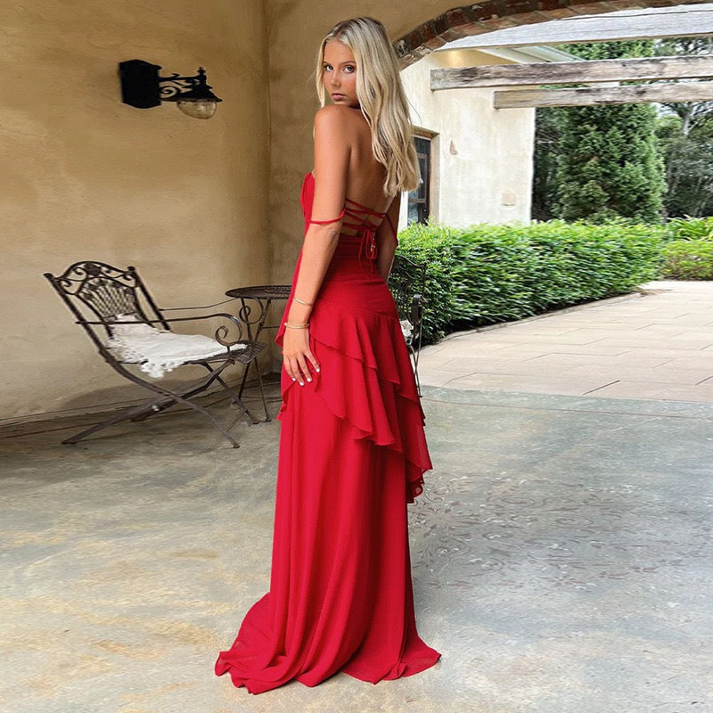 Ruffle maxi dress with back ties – Fabiana