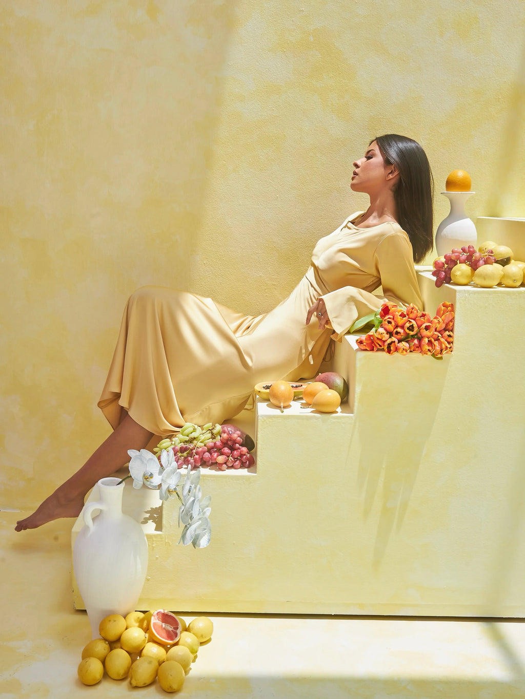 שמלת מקסי סאטן קשירה בגב להצמדה במותן - אודל