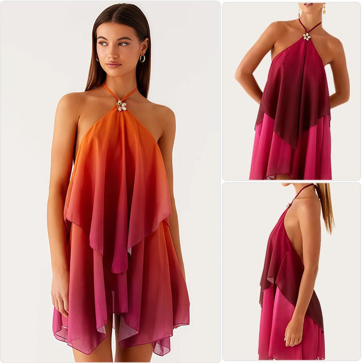 Ombré chiffon ruffle mini dress with a scalloped flower detail – Penina