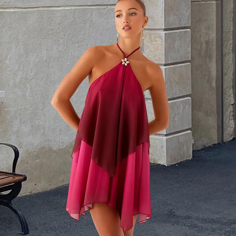 Ombré chiffon ruffle mini dress with a scalloped flower detail – Penina