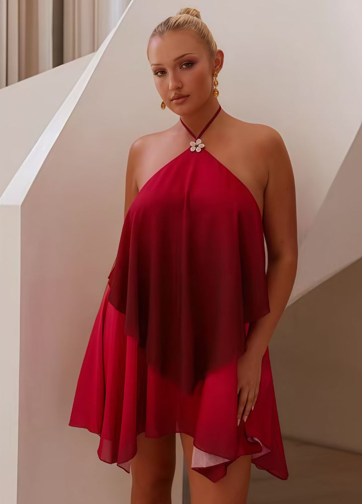 Ombré chiffon ruffle mini dress with a scalloped flower detail – Penina
