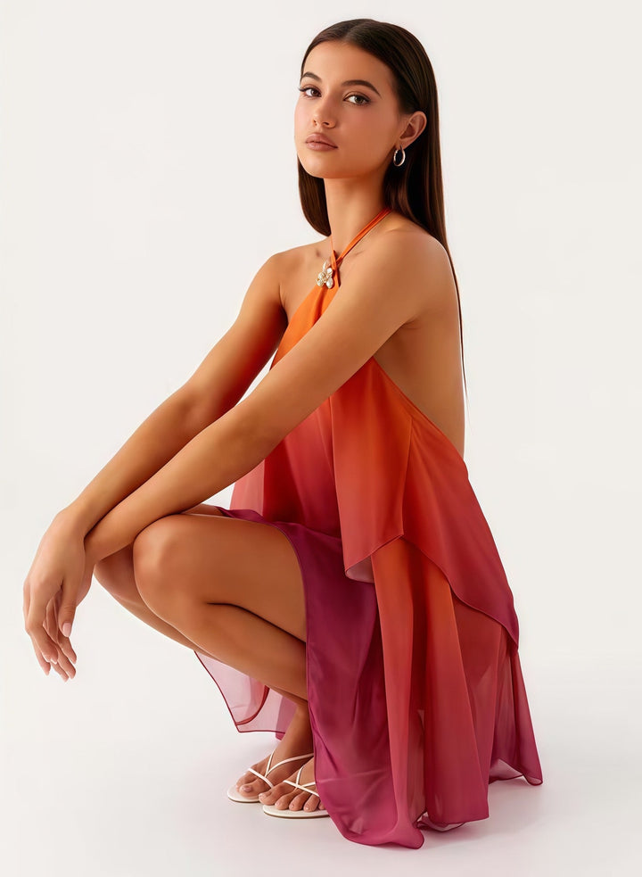 Ombré chiffon ruffle mini dress with a scalloped flower detail – Penina