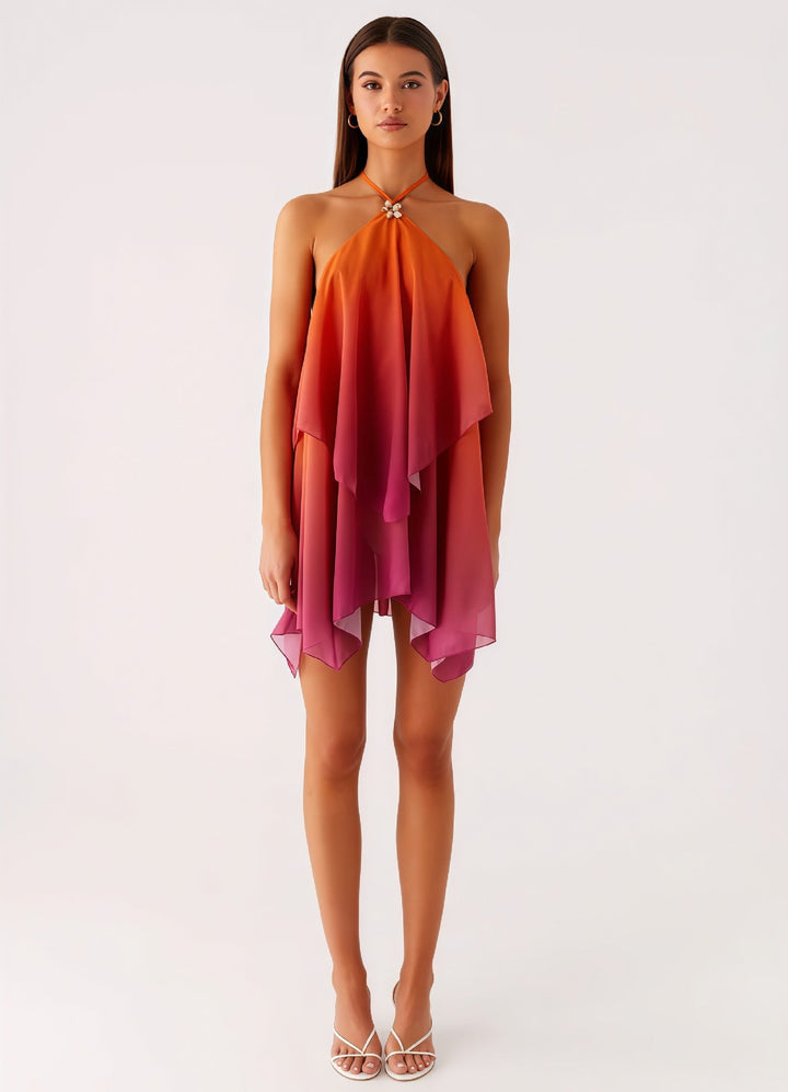 Ombré chiffon ruffle mini dress with a scalloped flower detail – Penina