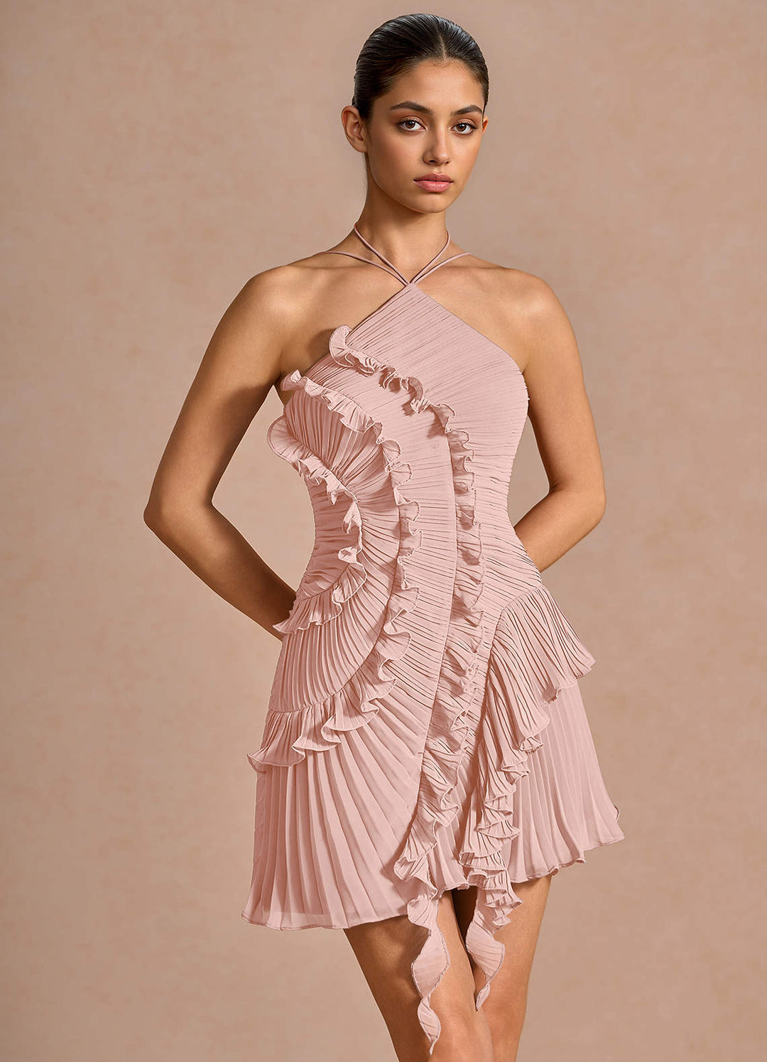 Larina elegant ruffle and pleated mini dress