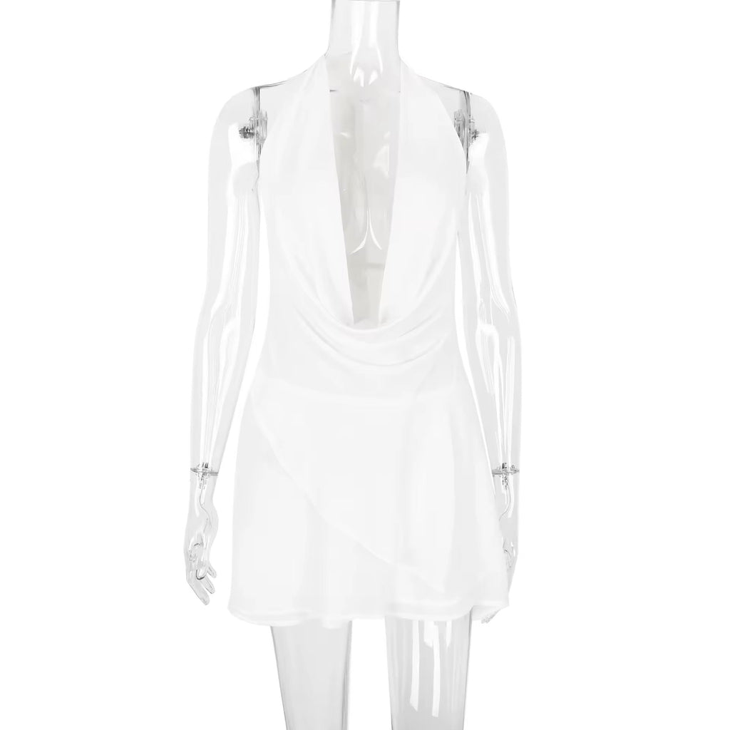 שמלת מיני מלמלה שיפון צווארון נופל גב פתוח - Juliana