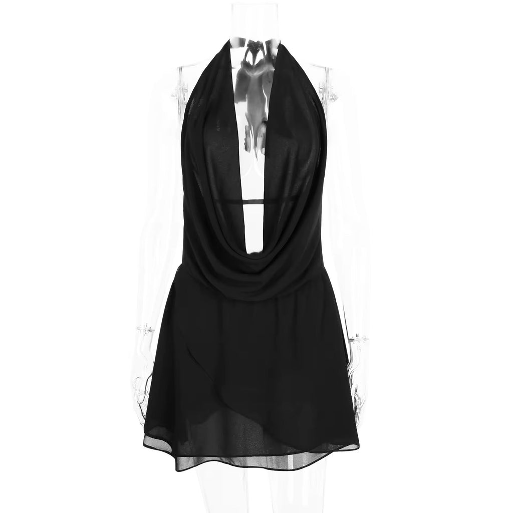 שמלת מיני מלמלה שיפון צווארון נופל גב פתוח - Juliana