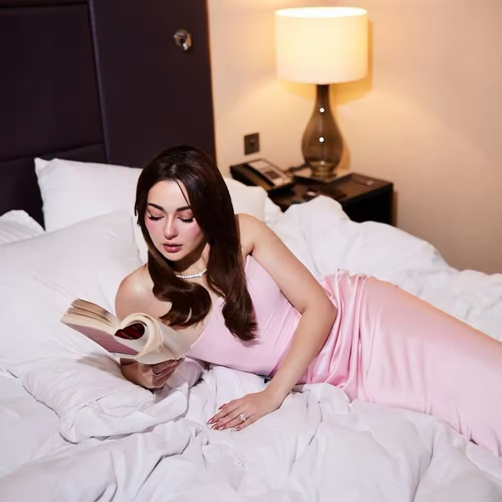 שמלת מקסי סטרפלס סאטן בשילוב מחוך צמוד - נויה