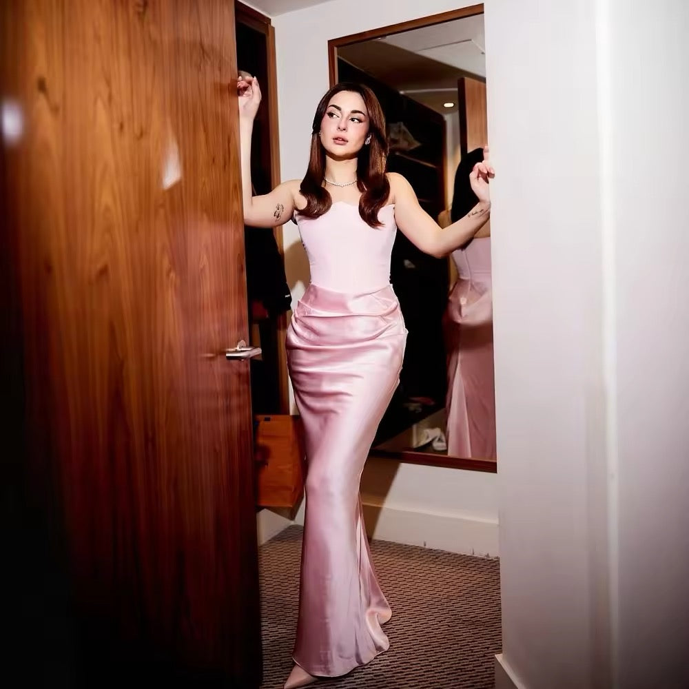 שמלת מקסי סטרפלס סאטן בשילוב מחוך צמוד - נויה