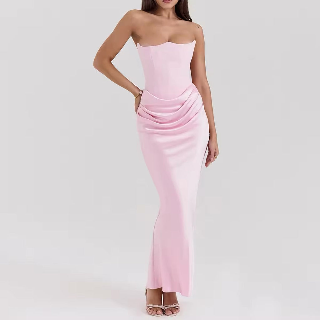 שמלת מקסי סטרפלס סאטן בשילוב מחוך צמוד - נויה