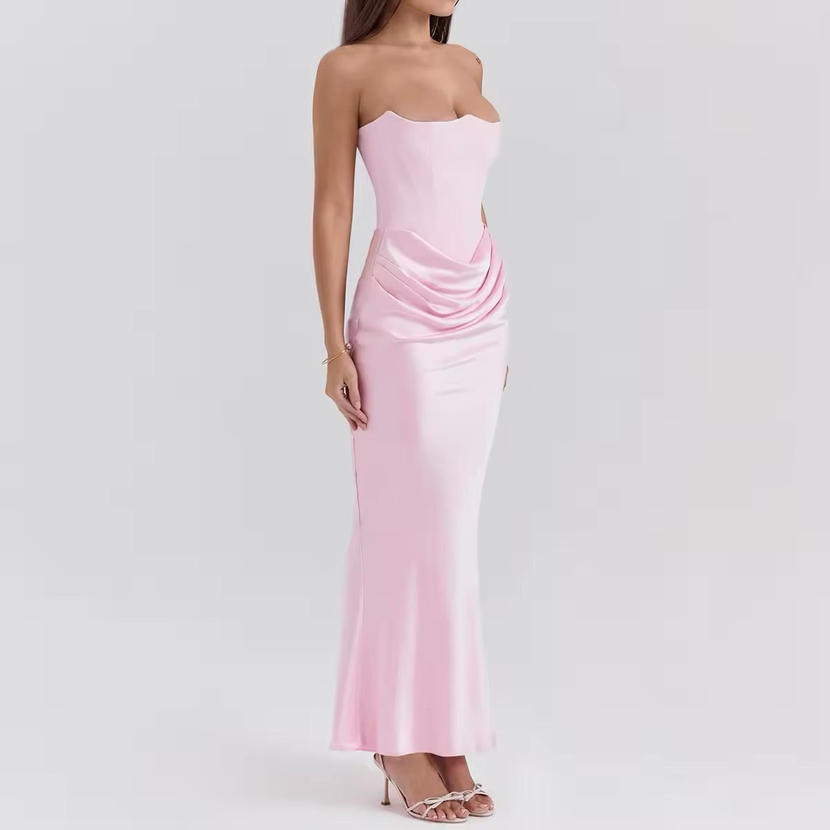 שמלת מקסי סטרפלס סאטן בשילוב מחוך צמוד - נויה