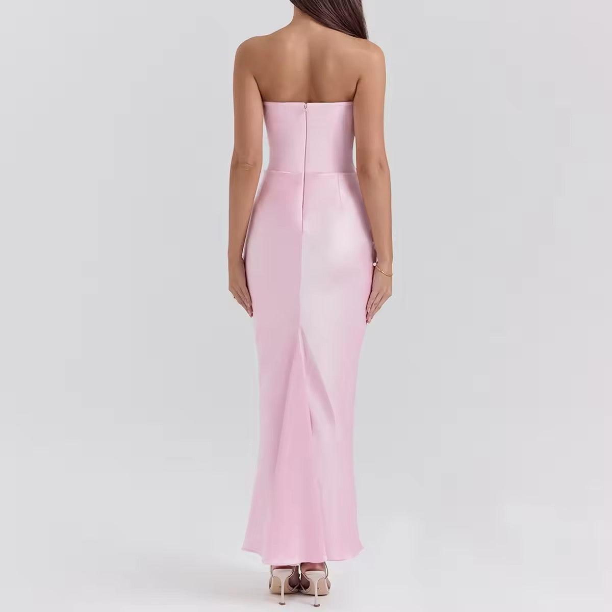 שמלת מקסי סטרפלס סאטן בשילוב מחוך צמוד - נויה