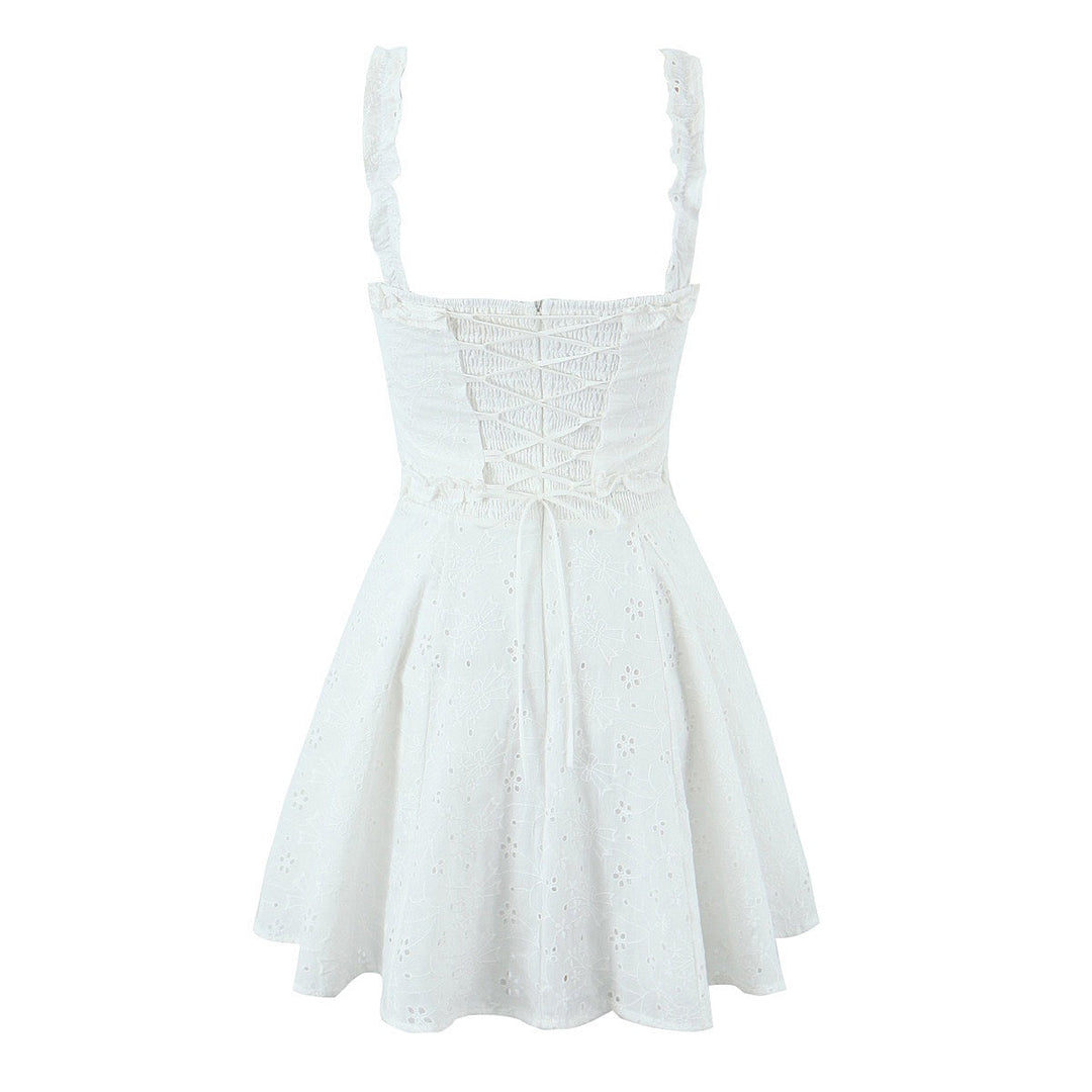 A-line mini dress in embroidered eyelet fabric with back ties for a fitted waist – Vנס