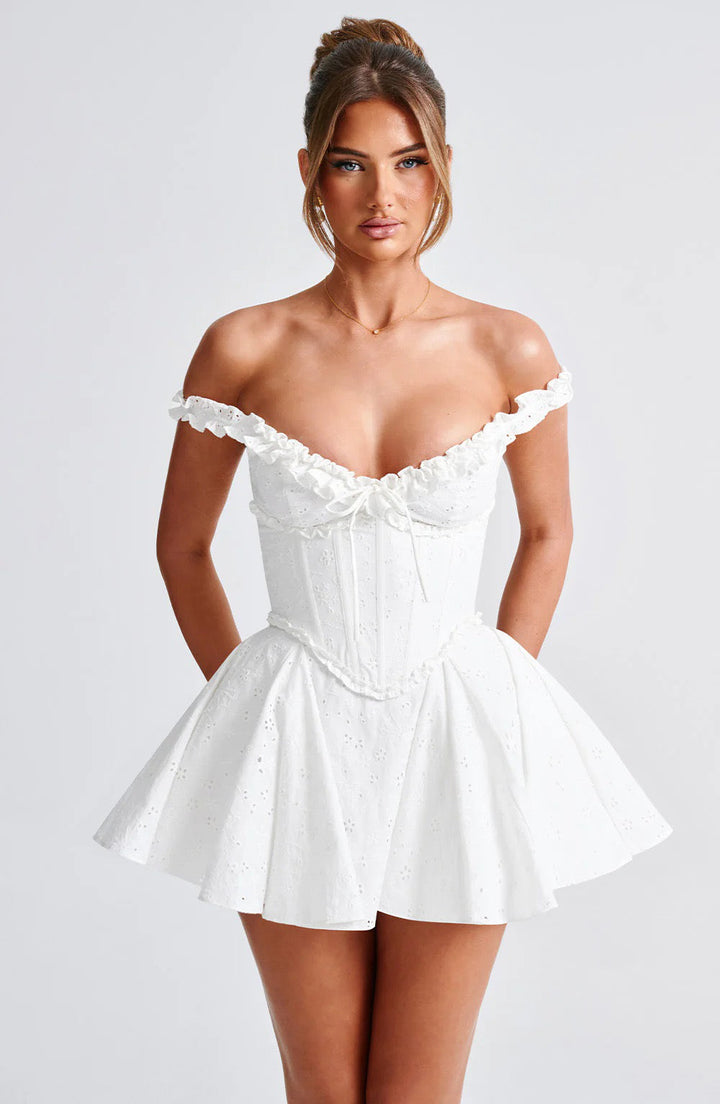 A-line mini dress in embroidered eyelet fabric with back ties for a fitted waist – Vנס