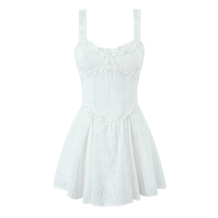 A-line mini dress in embroidered eyelet fabric with back ties for a fitted waist – Vנס