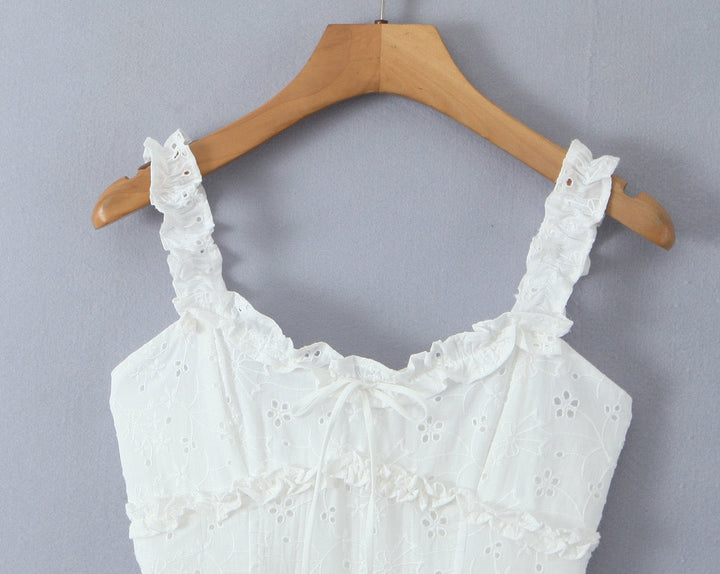 A-line mini dress in embroidered eyelet fabric with back ties for a fitted waist – Vנס