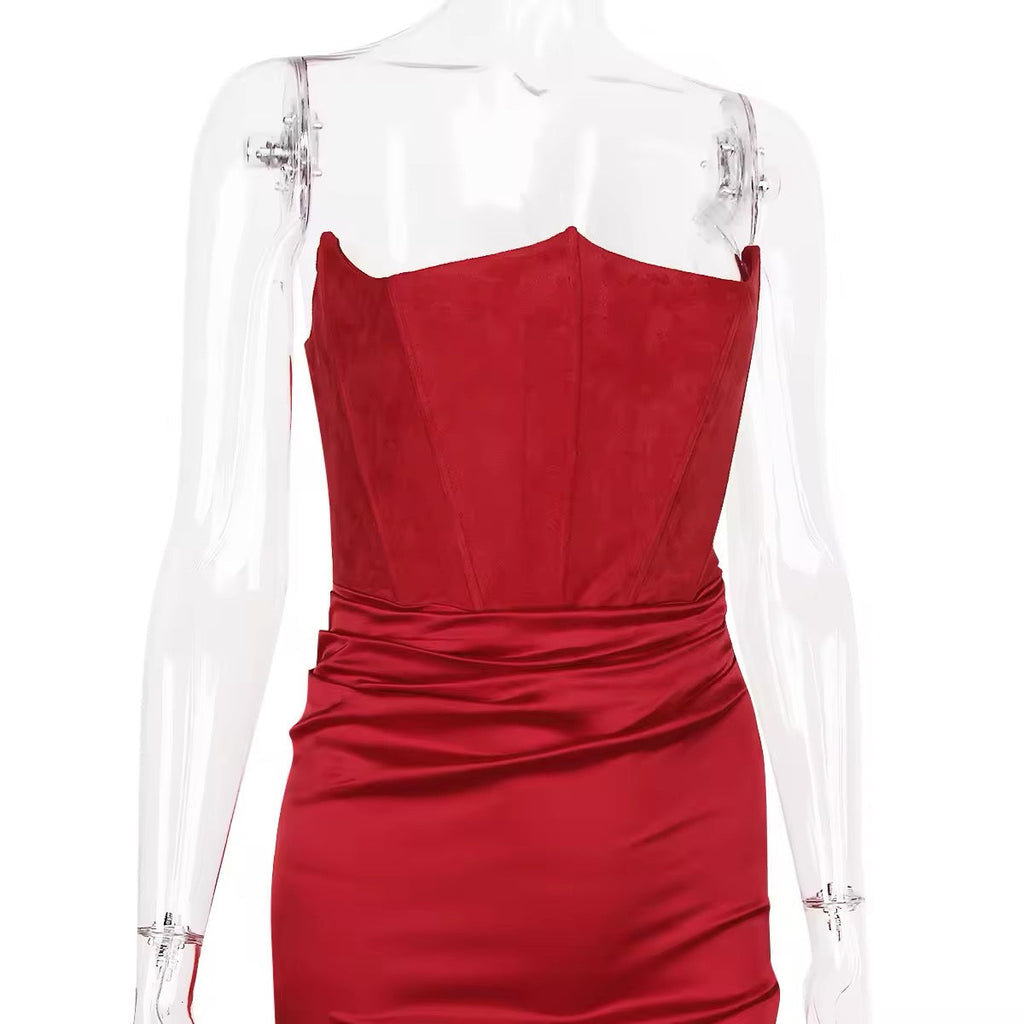 שמלת מקסי סטרפלס סאטן בשילוב מחוך צמוד - נויה