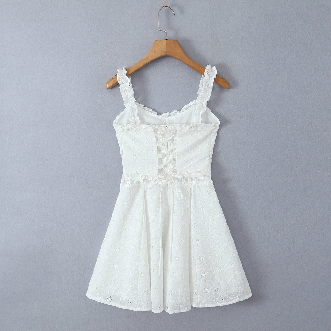 A-line mini dress in embroidered eyelet fabric with back ties for a fitted waist – Vנס