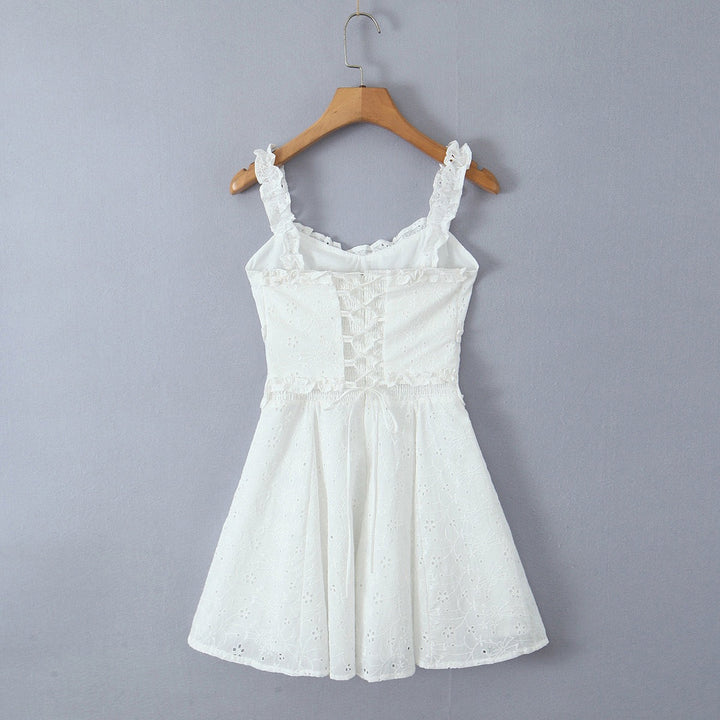 A-line mini dress in embroidered eyelet fabric with back ties for a fitted waist – Vנס