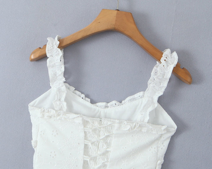 A-line mini dress in embroidered eyelet fabric with back ties for a fitted waist – Vנס