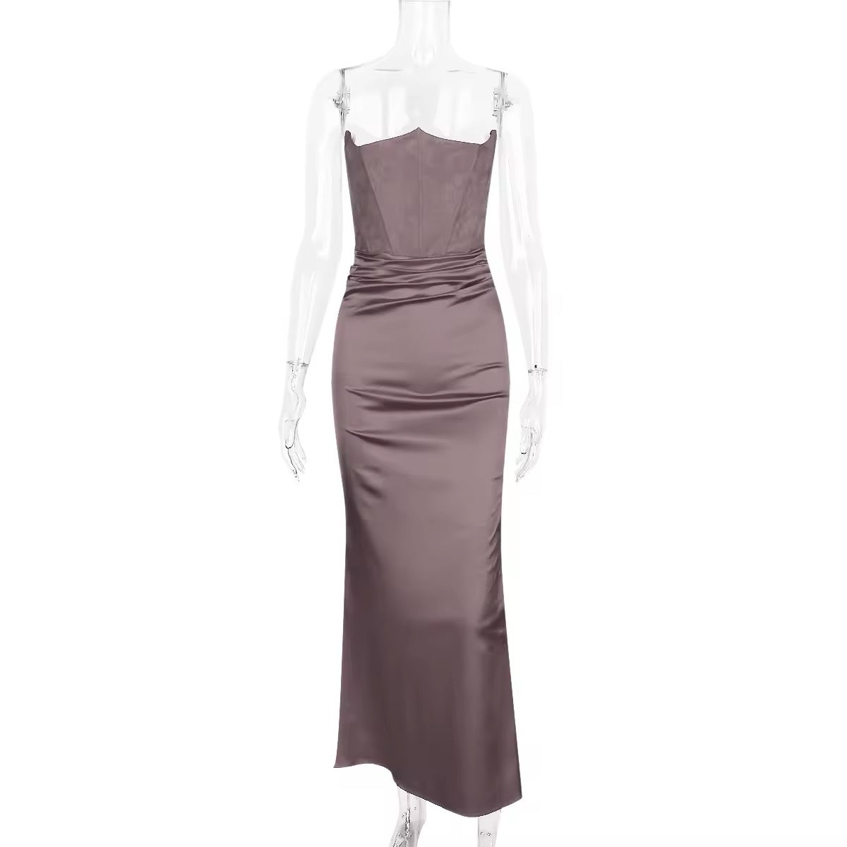 שמלת מקסי סטרפלס סאטן בשילוב מחוך צמוד - נויה