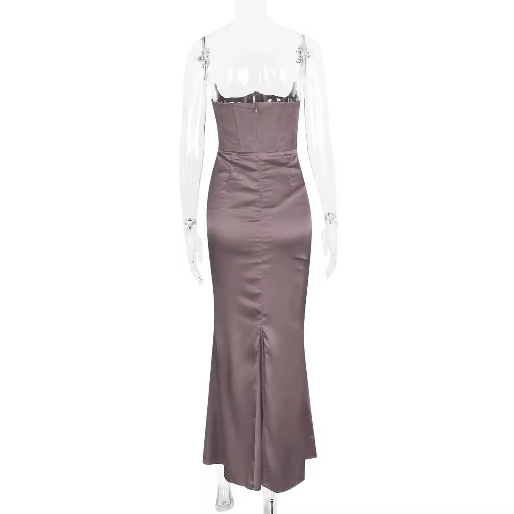 שמלת מקסי סטרפלס סאטן בשילוב מחוך צמוד - נויה