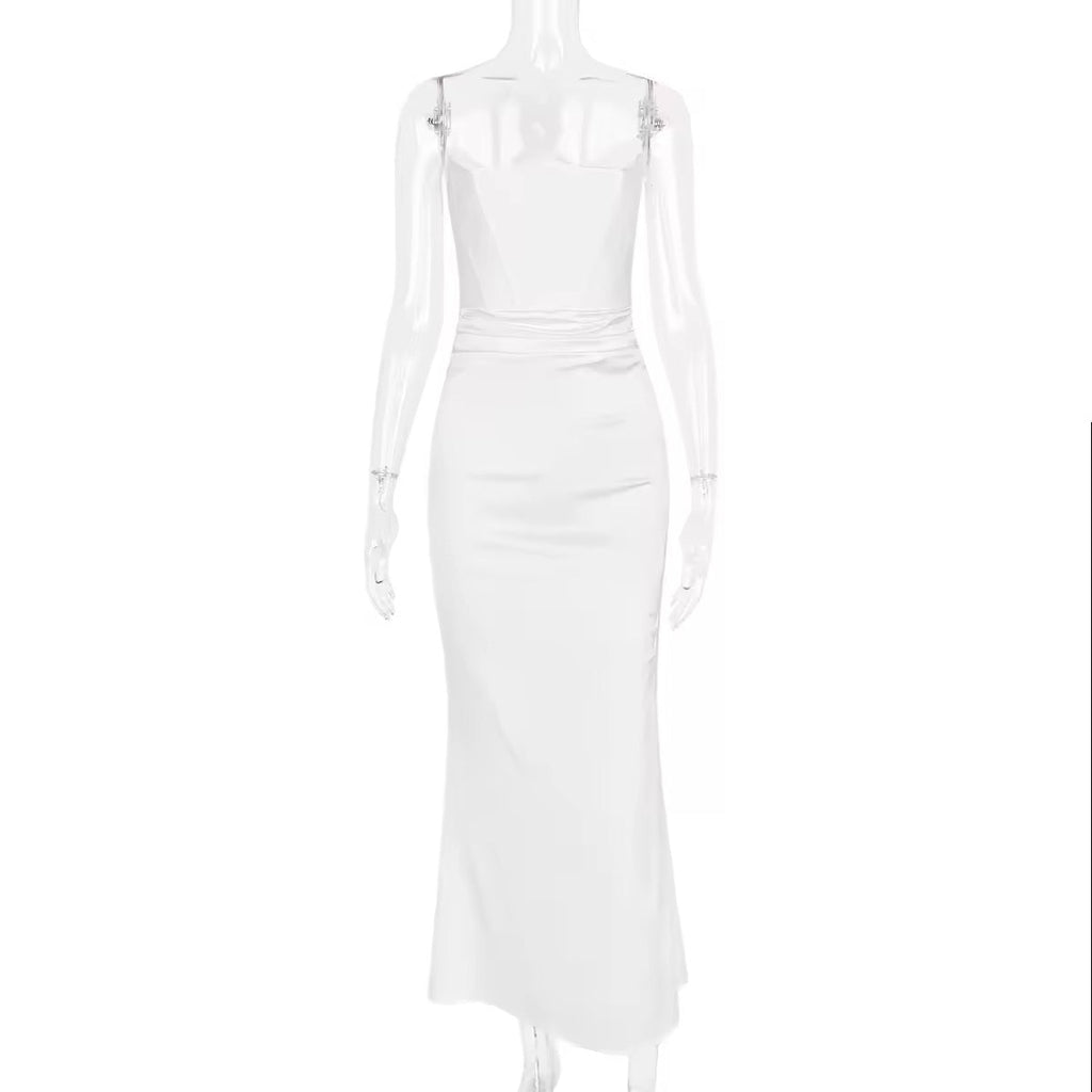 שמלת מקסי סטרפלס סאטן בשילוב מחוך צמוד - נויה