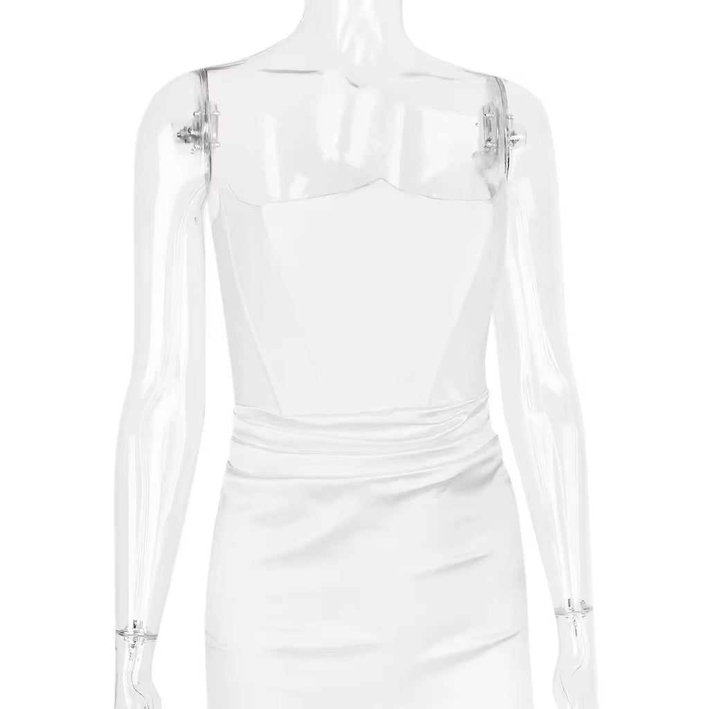 שמלת מקסי סטרפלס סאטן בשילוב מחוך צמוד - נויה