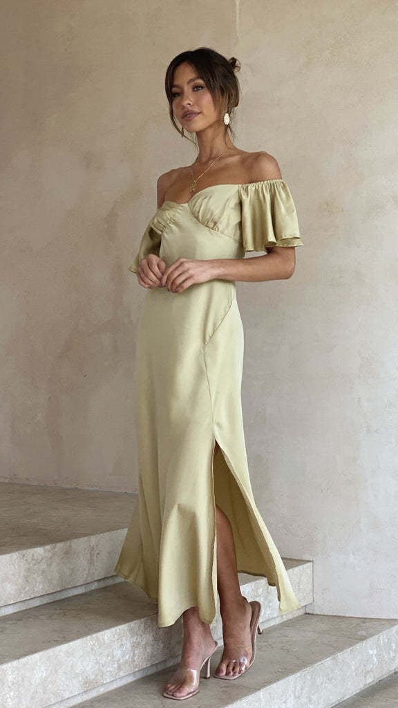 Koren satin midi dress with an off-the-shoulder design