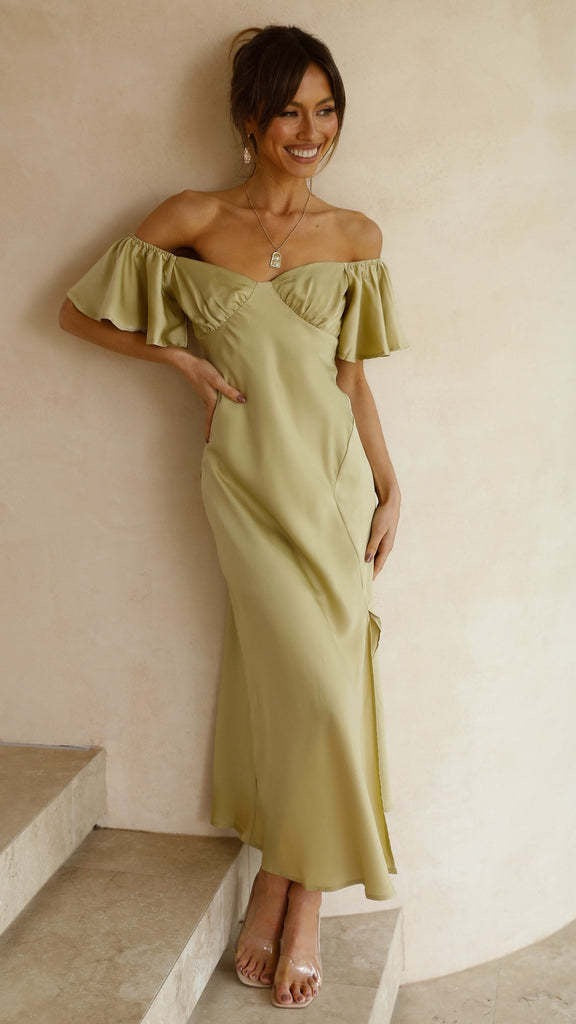 Koren satin midi dress with an off-the-shoulder design