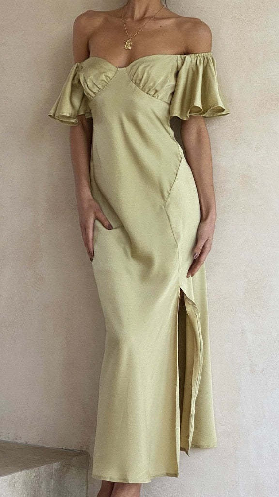 Koren satin midi dress with an off-the-shoulder design
