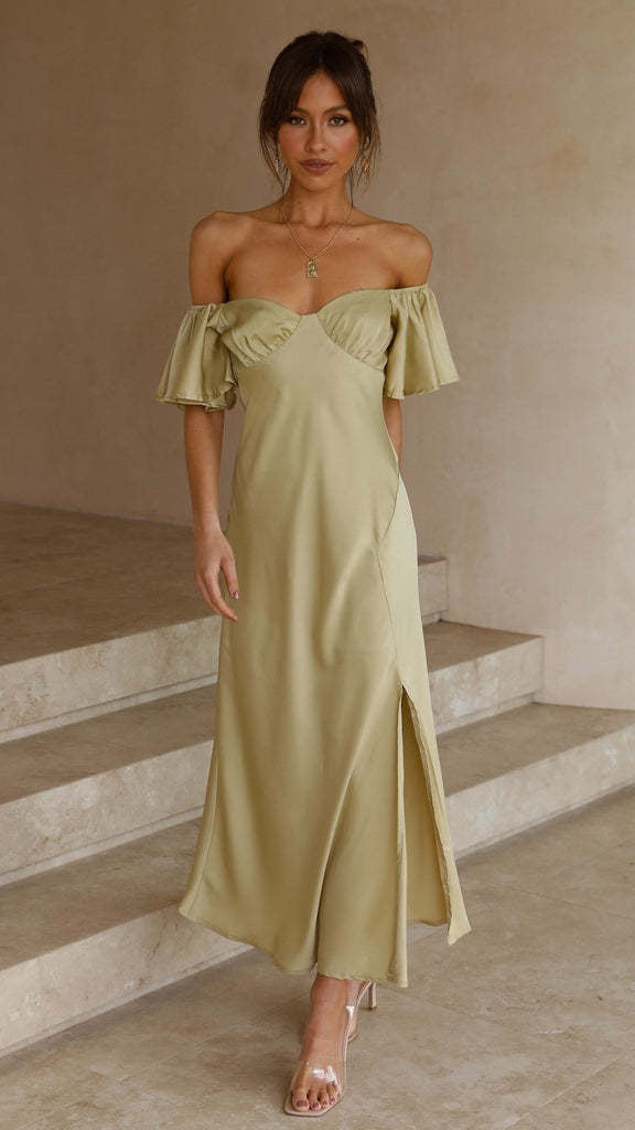 Koren satin midi dress with an off-the-shoulder design