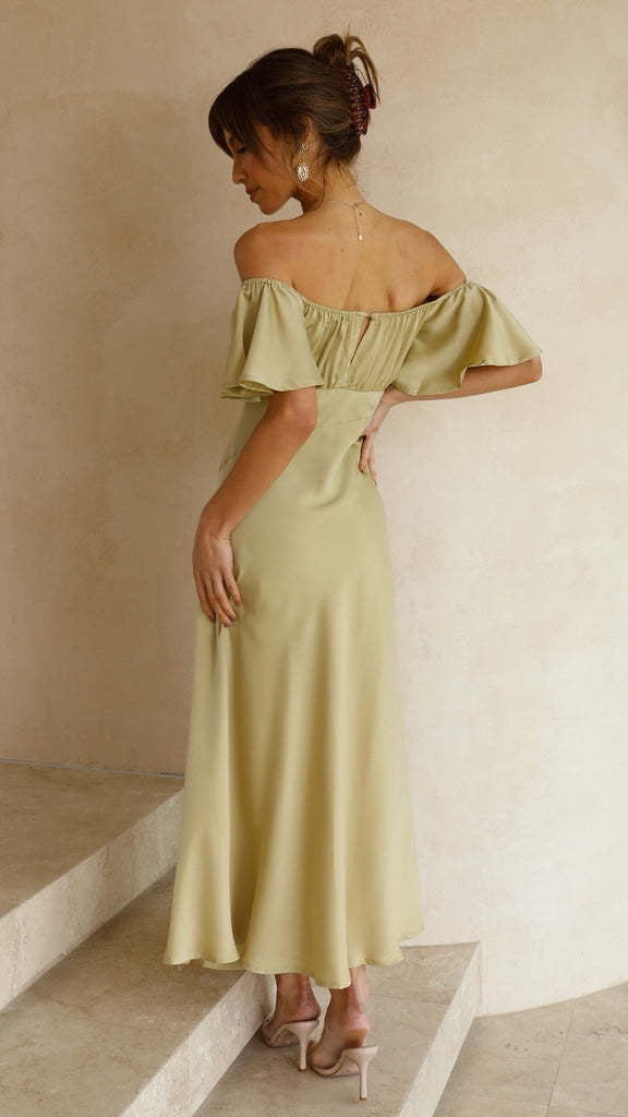 Koren satin midi dress with an off-the-shoulder design