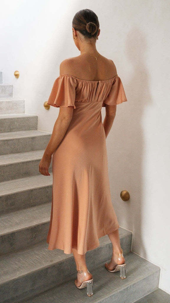 Koren satin midi dress with an off-the-shoulder design