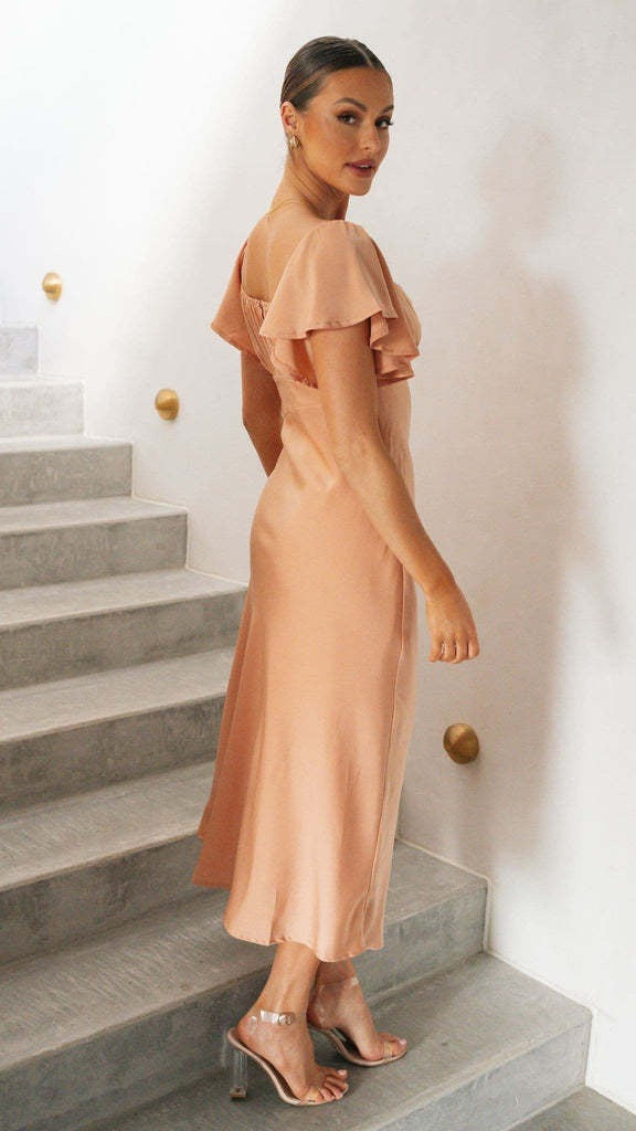 Koren satin midi dress with an off-the-shoulder design